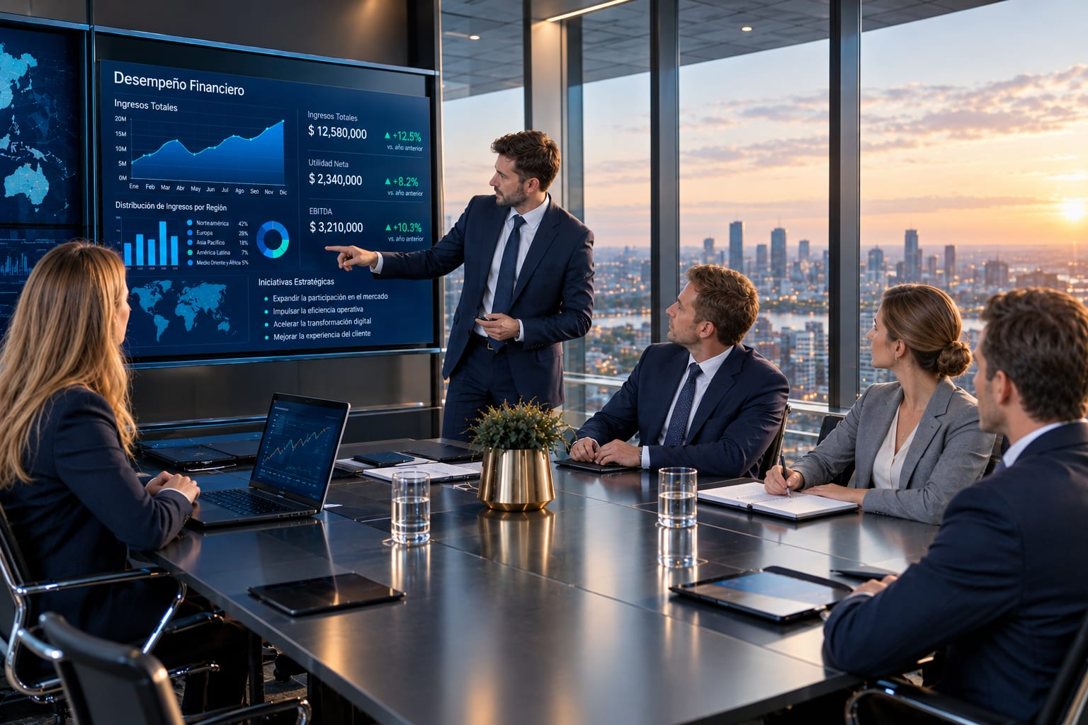 Equipo ejecutivo revisando indicadores financieros durante una reunión